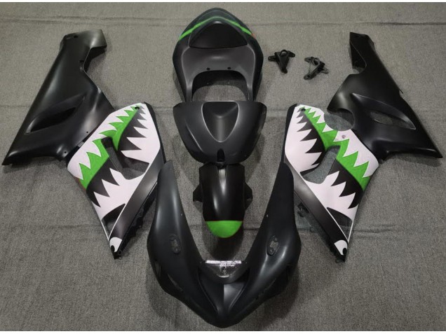 05-06 Matte Black and Green Shark ZX6R Fairings