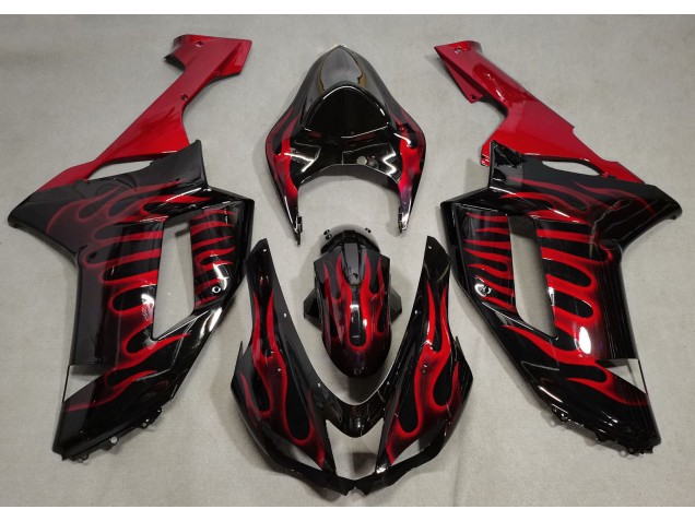 07-08 Gloss Black & Red Flame ZX6R Fairings